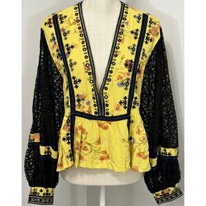 Free People Boogie All Night VNeck Lace Sleeve Peasant Top Shirt Yellow Floral S